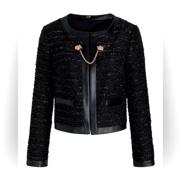 NWT Tweed Faux Leather Pieced Chain Strap Jacket - Picture 6 of 8